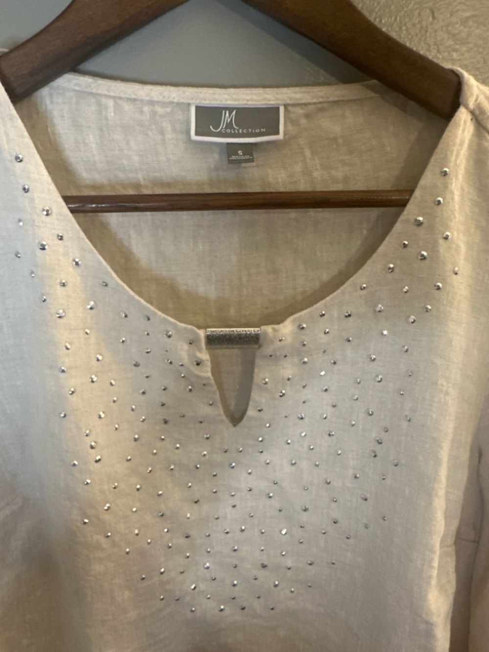 JM Collection 100% Linen Embellished Tunic Blouse Cream Beige Size Small - Picture 3 of 7